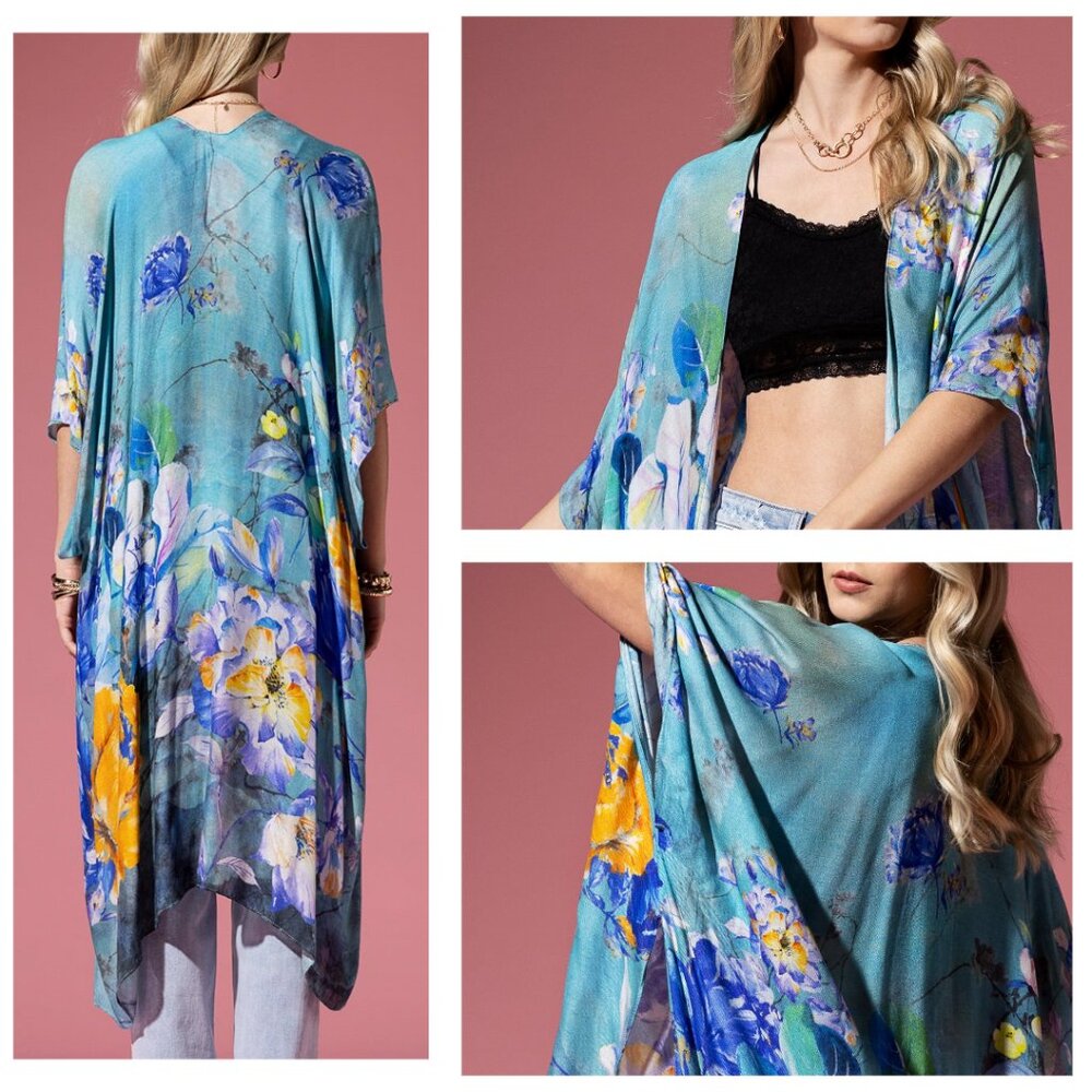 Colorful Floral Print Lightweight Kimono - Watercolor Effect Background